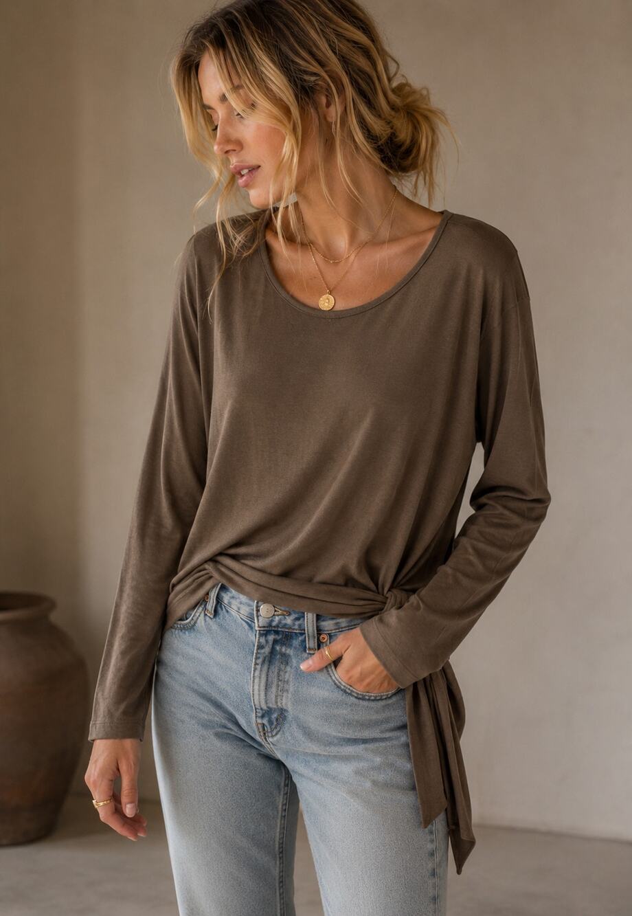 Peruvian Connection Brown Long Sleeve Blouse Women’s M Tie Waist Lagenlook Top